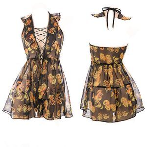 Sheer Floral Lace-Up Chemise Nightdress - Black with Gold Floral